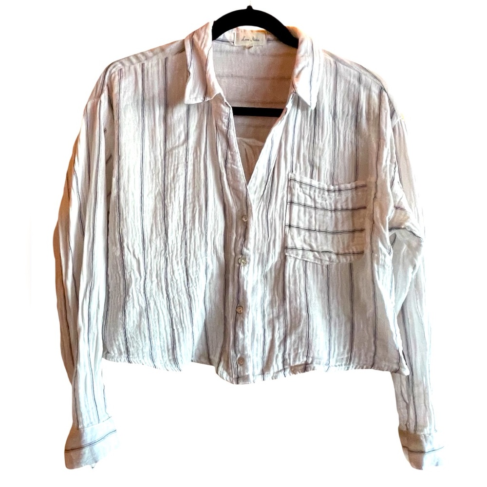 Love Notes White Button-Up Shirt with Blue Stripes
